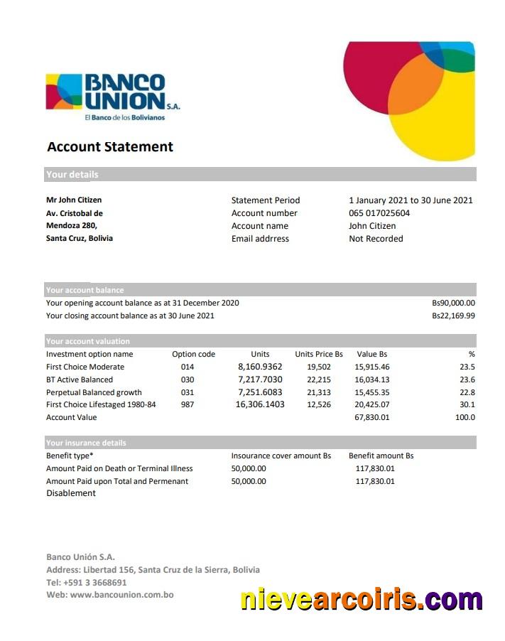 Bolivia Banco Union bank statement easy to fill in Excel and PDF format (AutoSum)